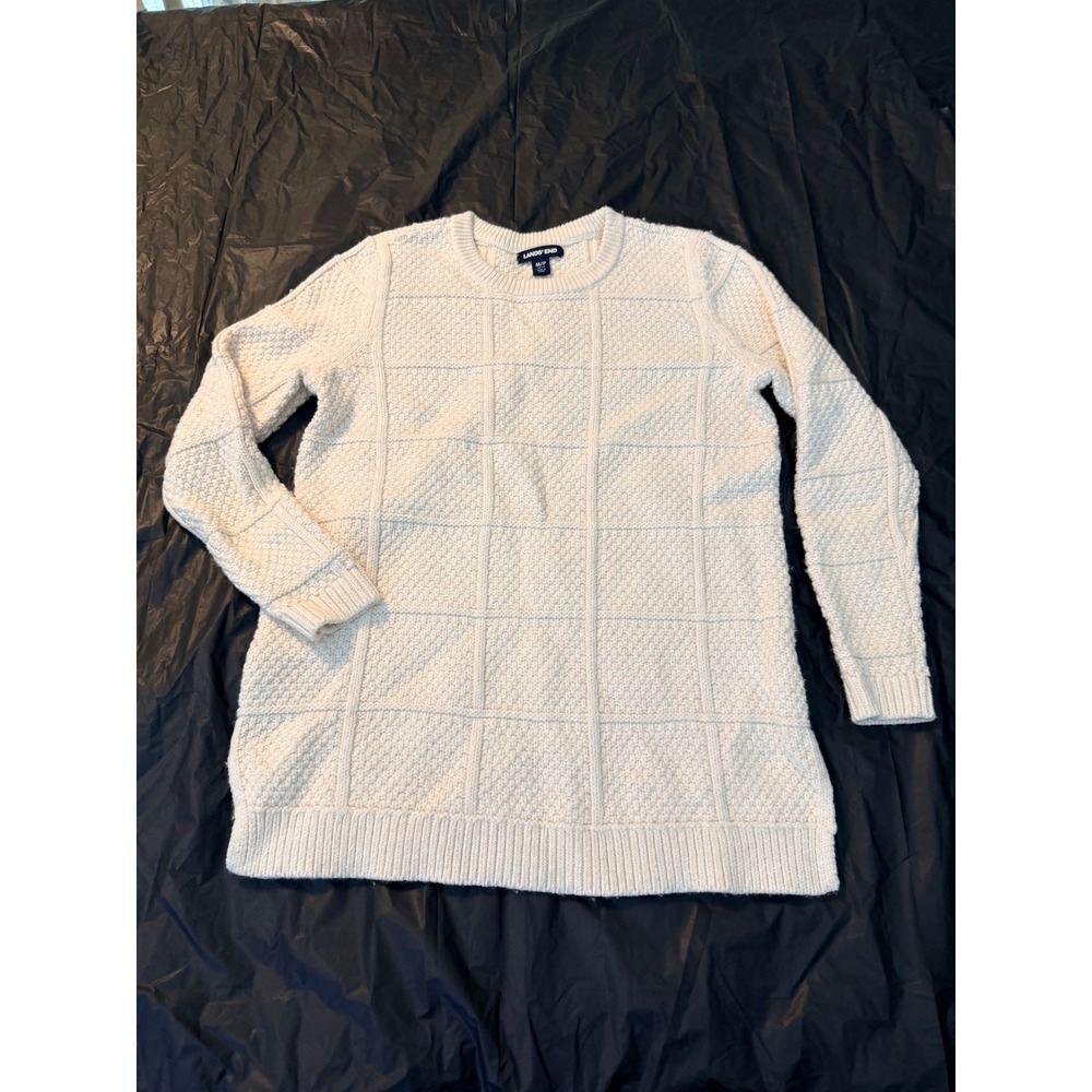 Lands End Womens Cream Textured Grid Popcorn Knit Crew Neck Sweater Medium 10-12